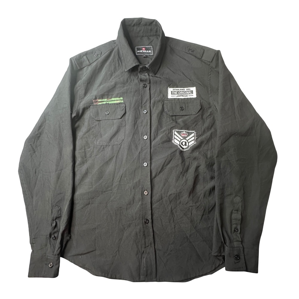 Airwalk Shirt Mens‎ XL Black Military Tactical Patch Button Down Long Sleeve